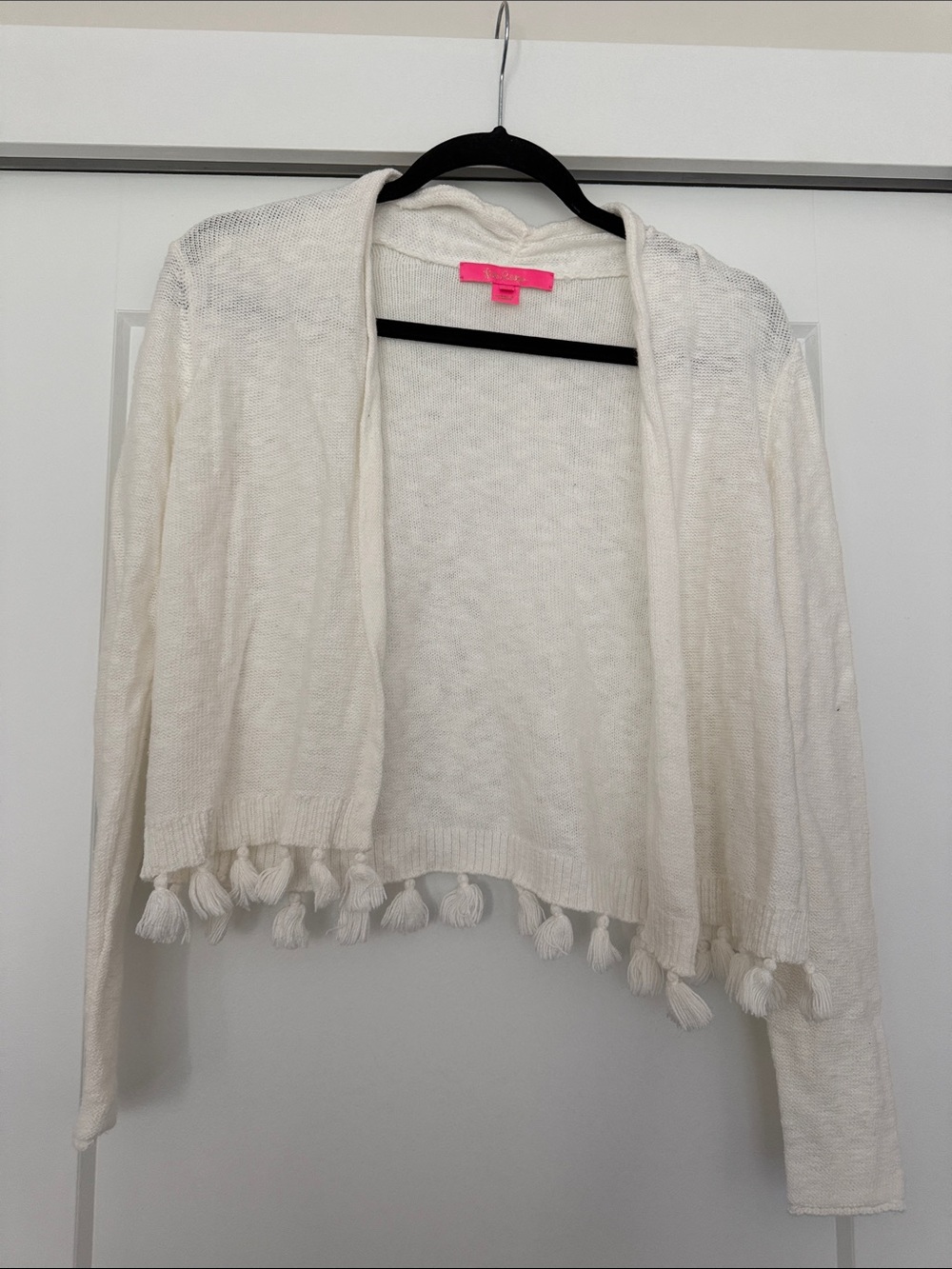 Lilly Pulitzer Lightweight White Open-Front Tassel Hem Sweater
